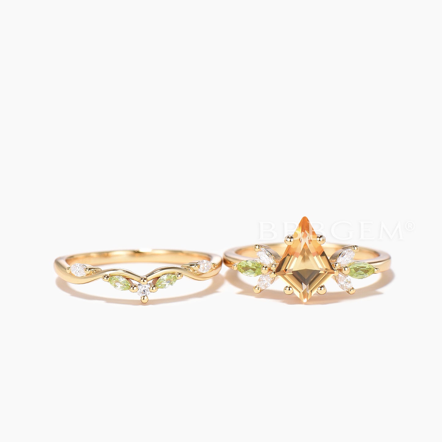 Kite Cut Natural Citrine Engagement Ring Peridot Diamond Curved Band Ring Set