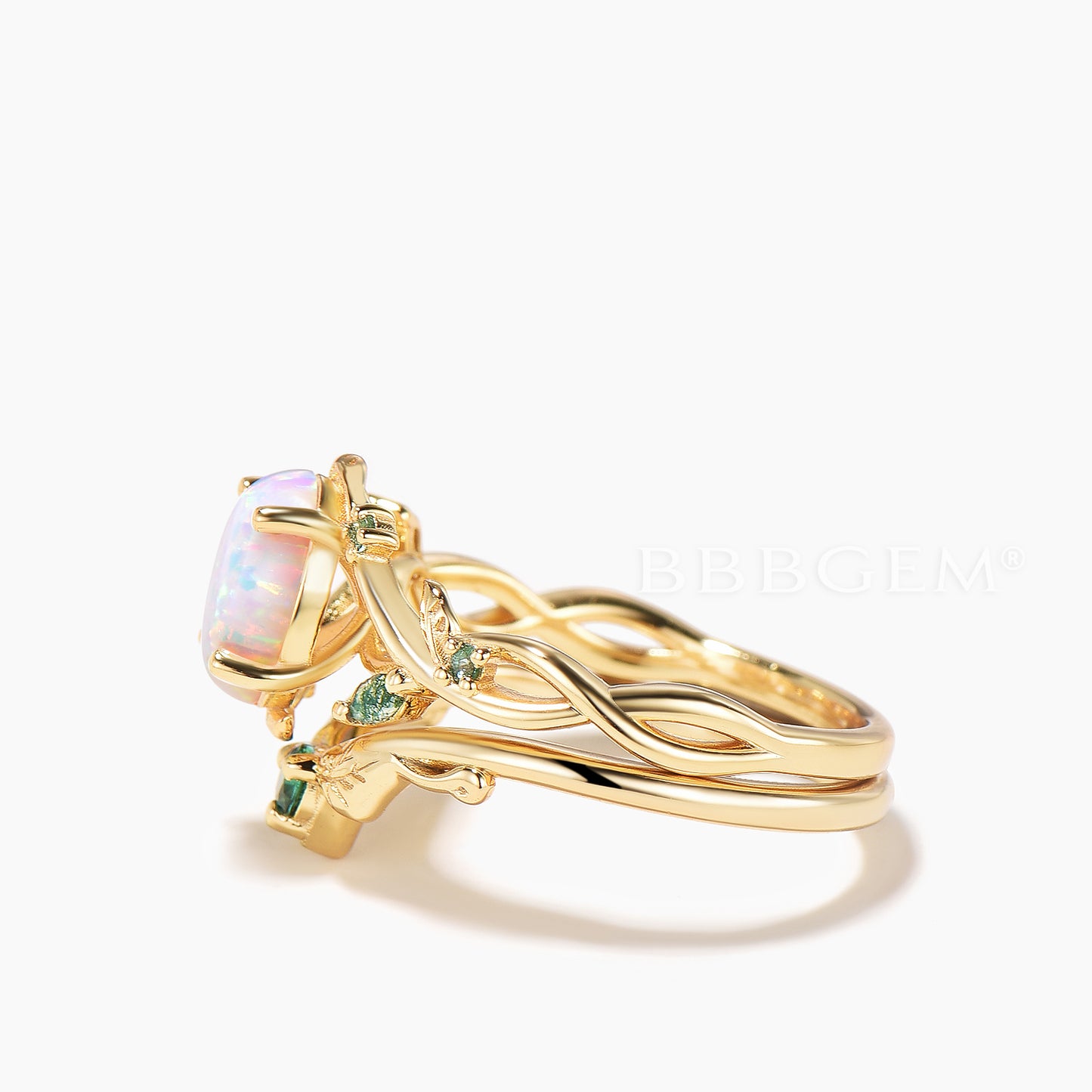 Oval Cut Opal Moss Agate Accent Wedding Ring Emerald Leaf Nature Inpired Ring Set
