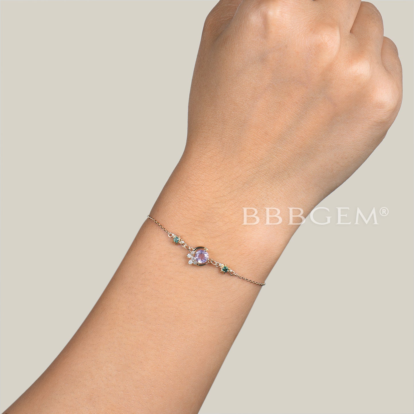 Round Cut Natural Lavender Amethyst Moon Bracelet Emerald Sun Wedding Bracelet