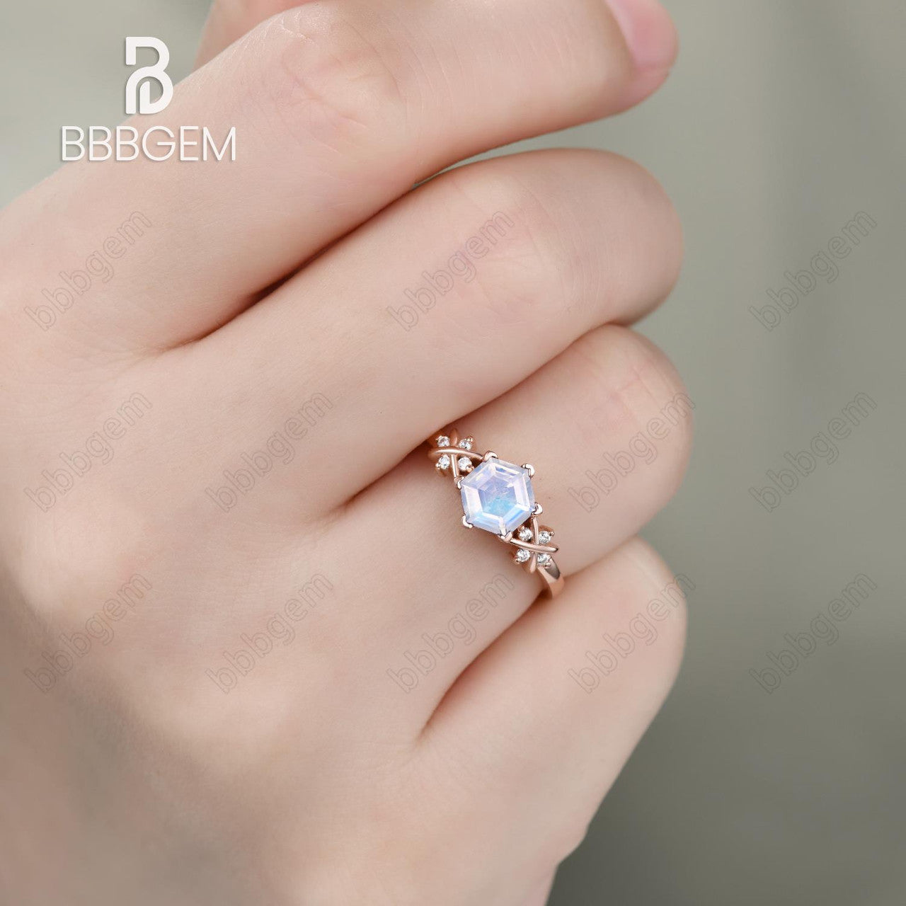 Rainbow Hexagon Moonstone Engagement Ring Art Deco Hexagon Set Moonstone Ring Rose Gold Solid