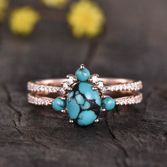 Three Stone Turquoise Engagement Ring Set 0