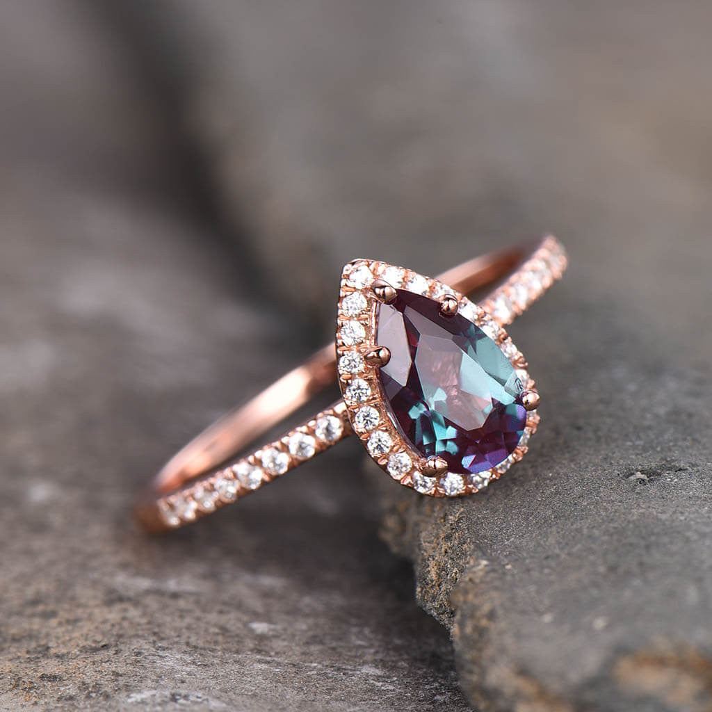 Pear Shaped Alexandrite Halo Diamond Engagement Ring