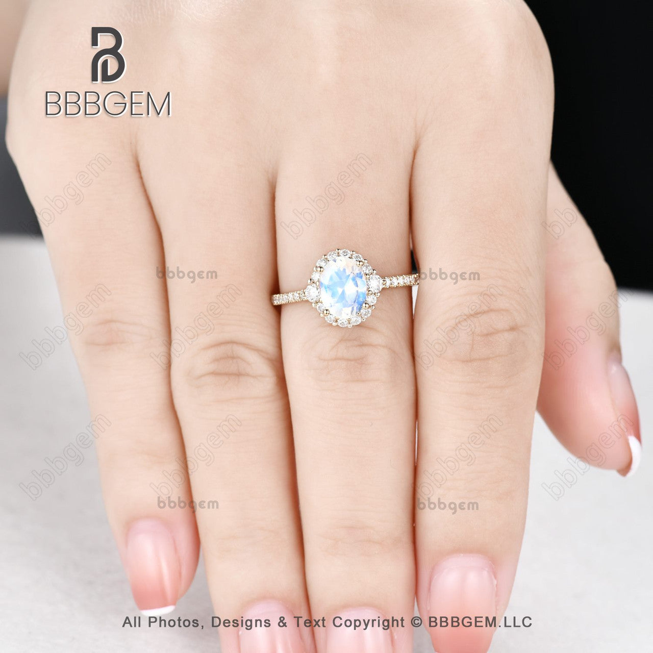 6X8mm Oval Moonstone Wedding Ring Moissanite Halo Moonstone 18K Yellow Gold Bridal Ring Women Christmas Gift