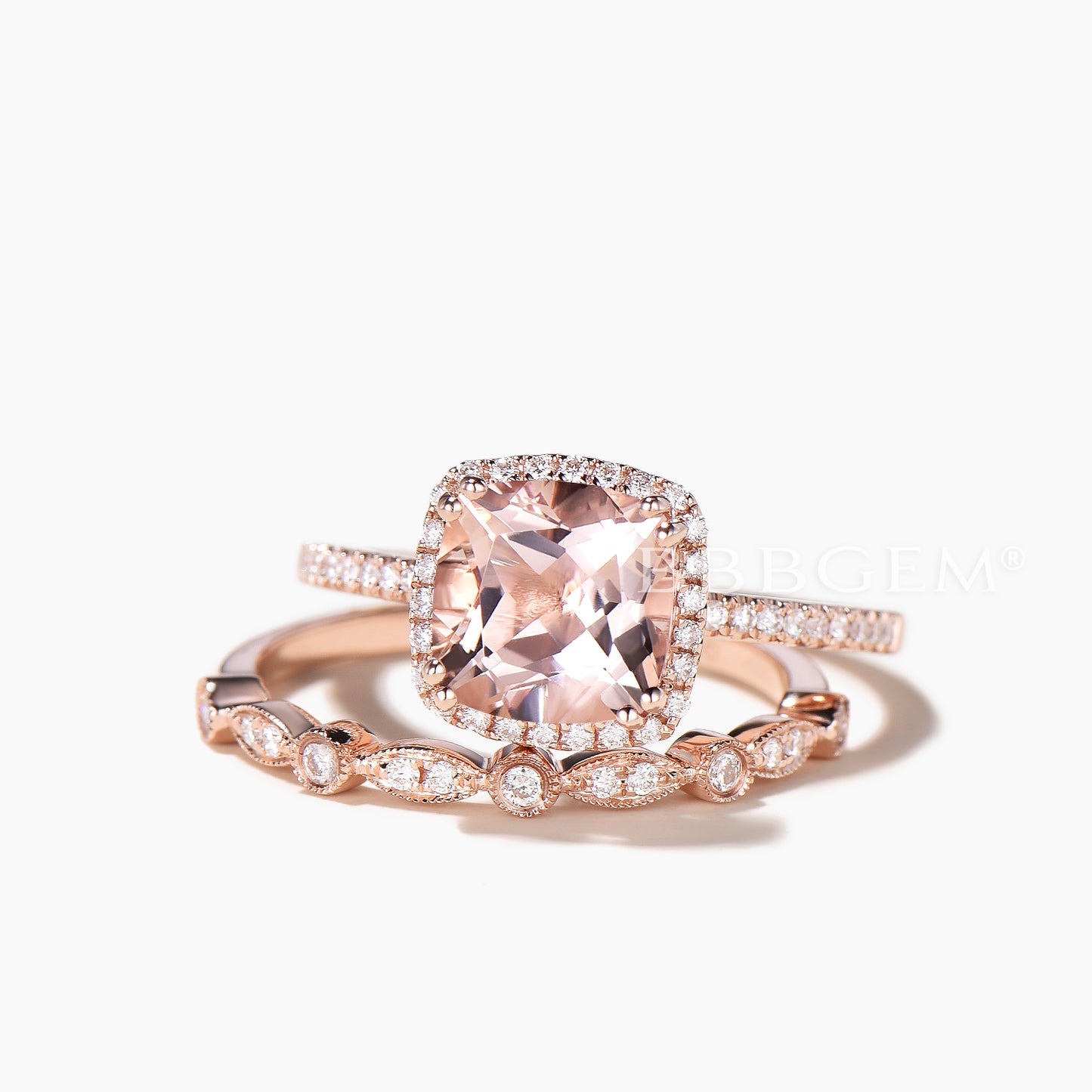 2.4 Carat Cushion Cut Peach Morganite Wedding Set Diamond Bridal Ring 14k Rose Gold Art Deco Half Eternity Band