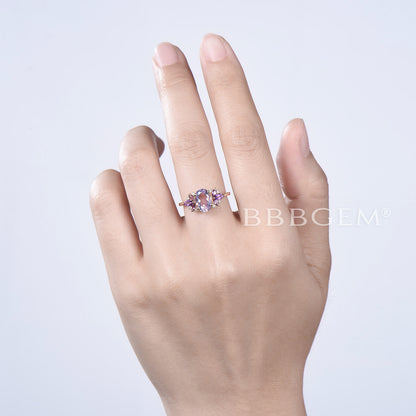 Oval Cut Lavender Amethyst Engagement Ring Cluster Amethyst Ring