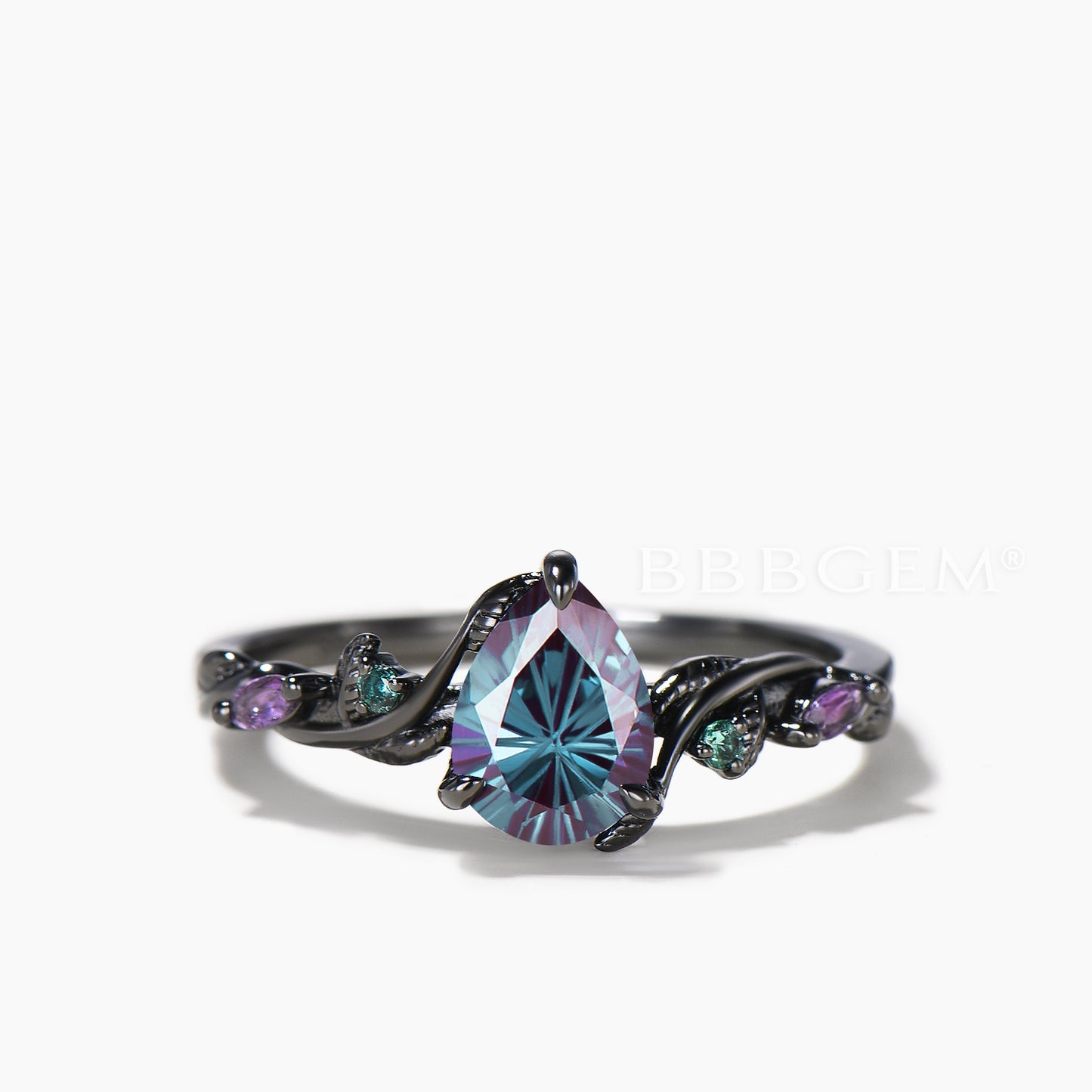 Black Gold Twig Inspired Ring Set Pear Cut Color-change Alexandrite Twisted Ring