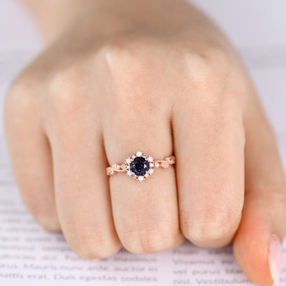 Vintage Blue Sandstone Engagement Ring-BBBGEM Round Cut Blue Sandstone Ring