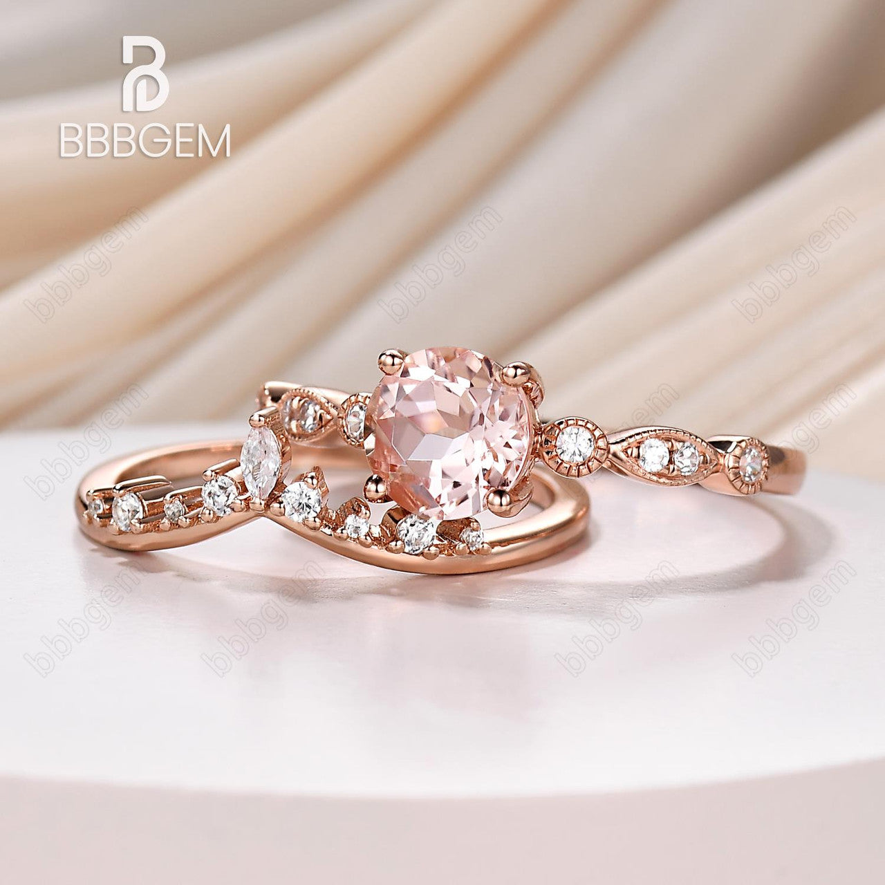 Natural Morganite Engagement Ring Set Art Deco Diamond Band 6.5mm Round Morganite Women Stacking Ring Unique Anniversary Bridal Ring