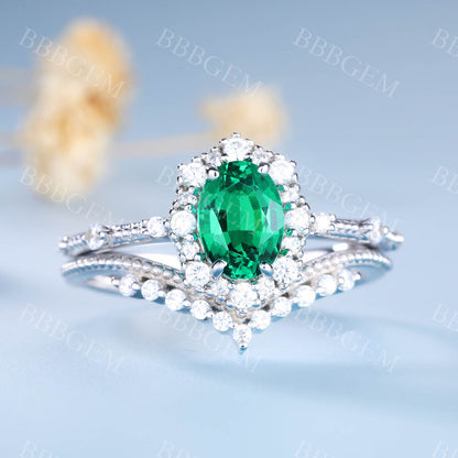 Columbia Emerald Bridal Set Unique Engagement Ring Green Gemstone Ring