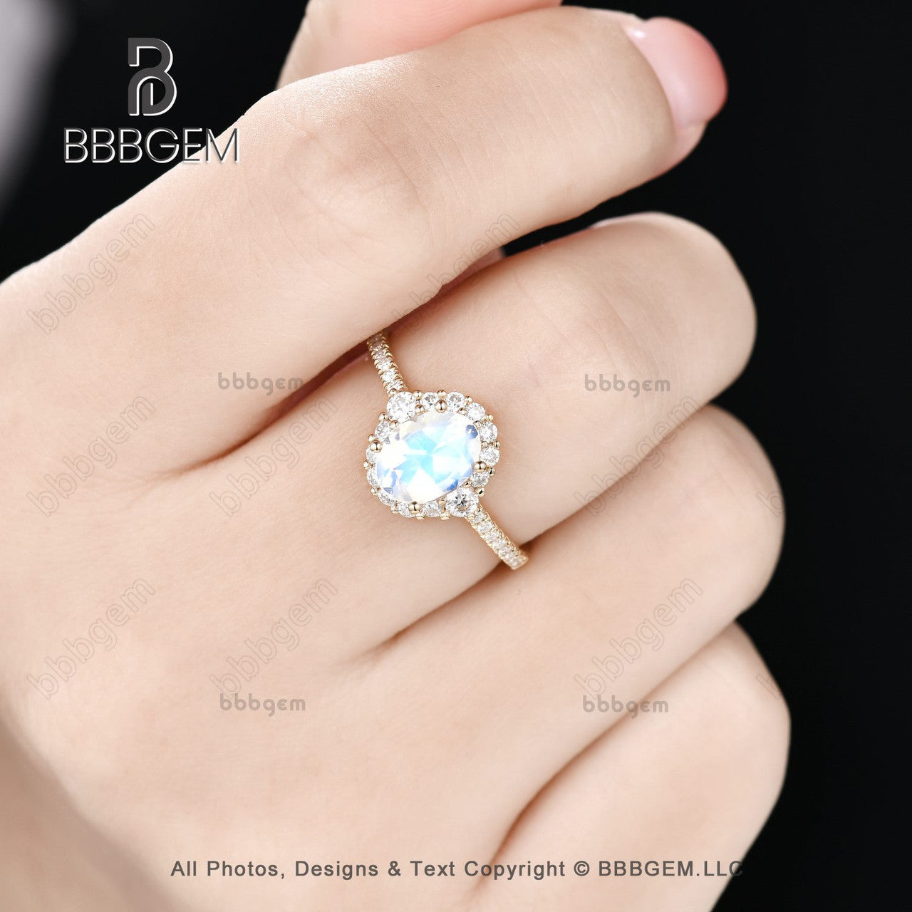 6X8mm Oval Moonstone Wedding Ring Moissanite Halo Moonstone 18K Rose Gold Bridal Ring Women Christmas Gift