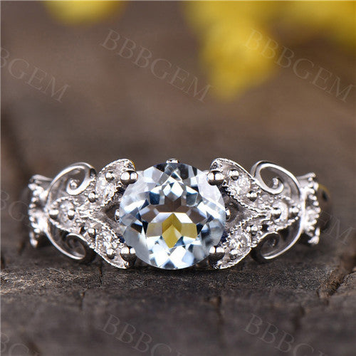 Art Deco Unique Aquamarine Engagement ring vintage floral wedding ring 14k white gold