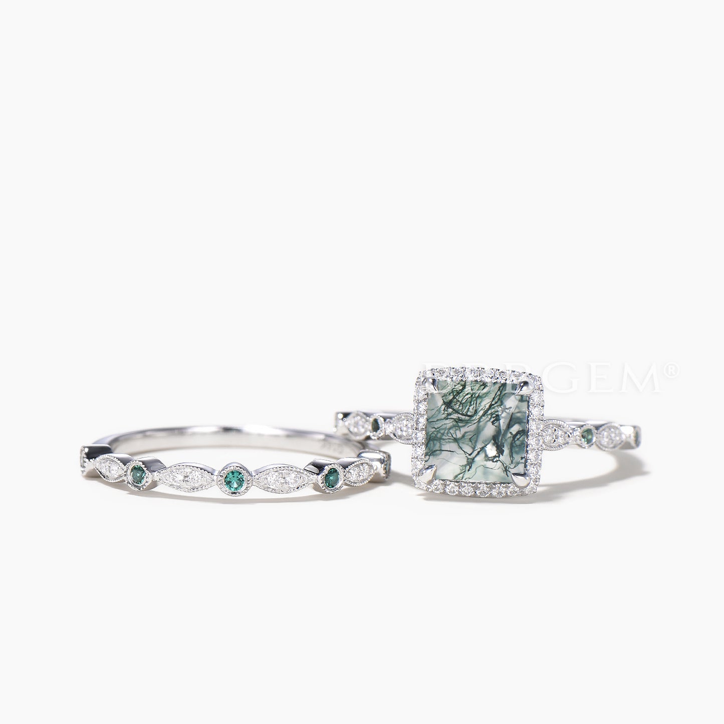 Princess Cut Natural Moss Agate Diamond Halo Ring Emerald Band Bridal Set