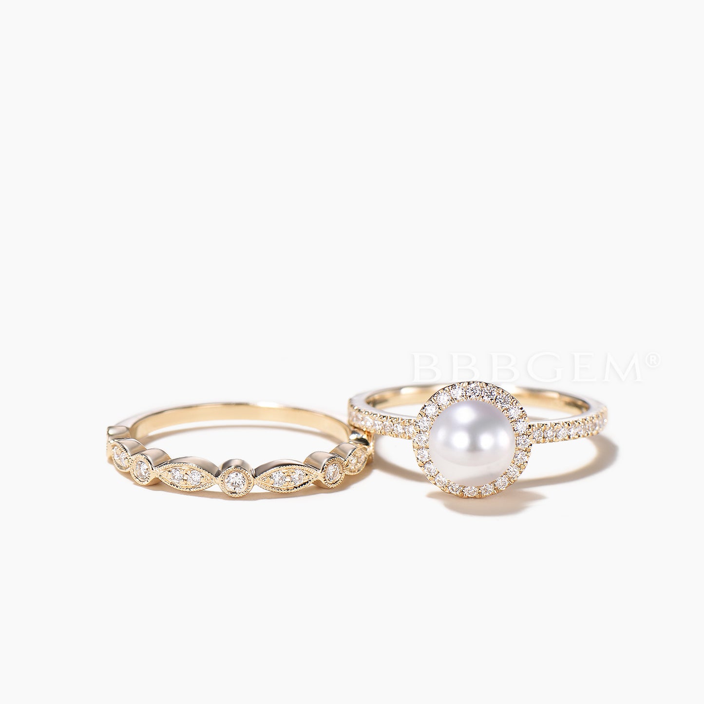 Akoya Pearl Engagement Ring Rose Gold Art Deco Wedding Band Women Antique Bridal Sets Wedding Anniversary Promise Halo Diamond Eternity 2pcs