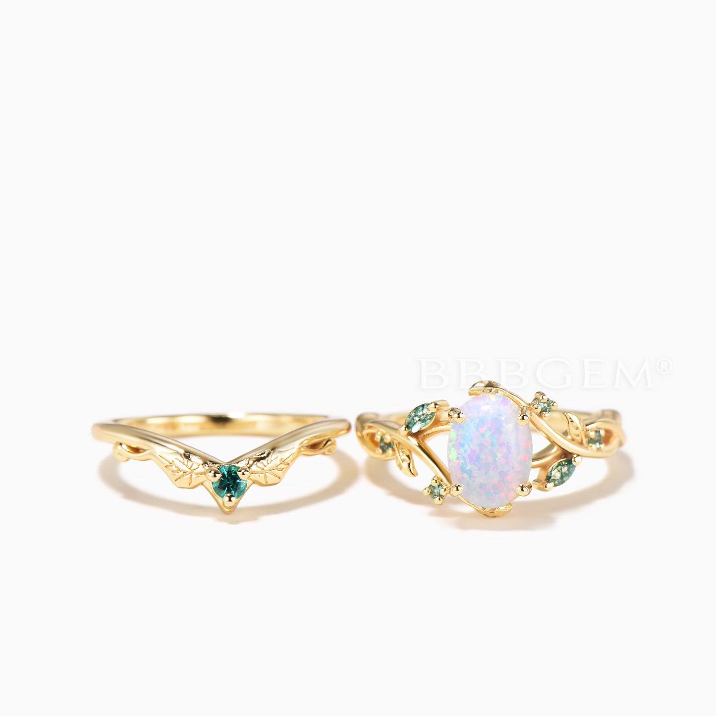 Oval Cut Opal Moss Agate Accent Wedding Ring Emerald Leaf Nature Inpired Ring Set