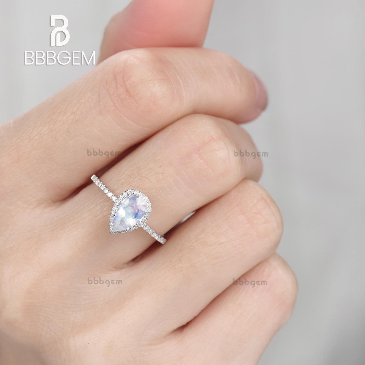 White Gold Water Drop Moonstone Ring Diamond Halo European and American Fashion Rings 18K White Gold Jewelry for Women