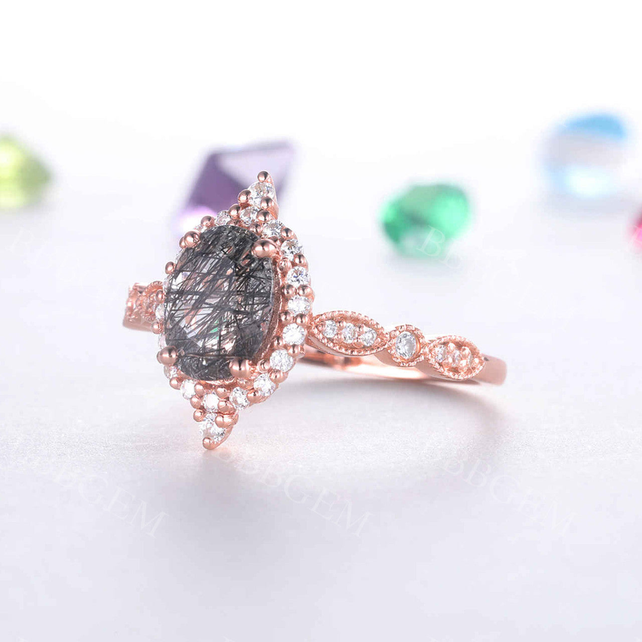 Black Rutilated Quartz Engagement Ring Rose Gold