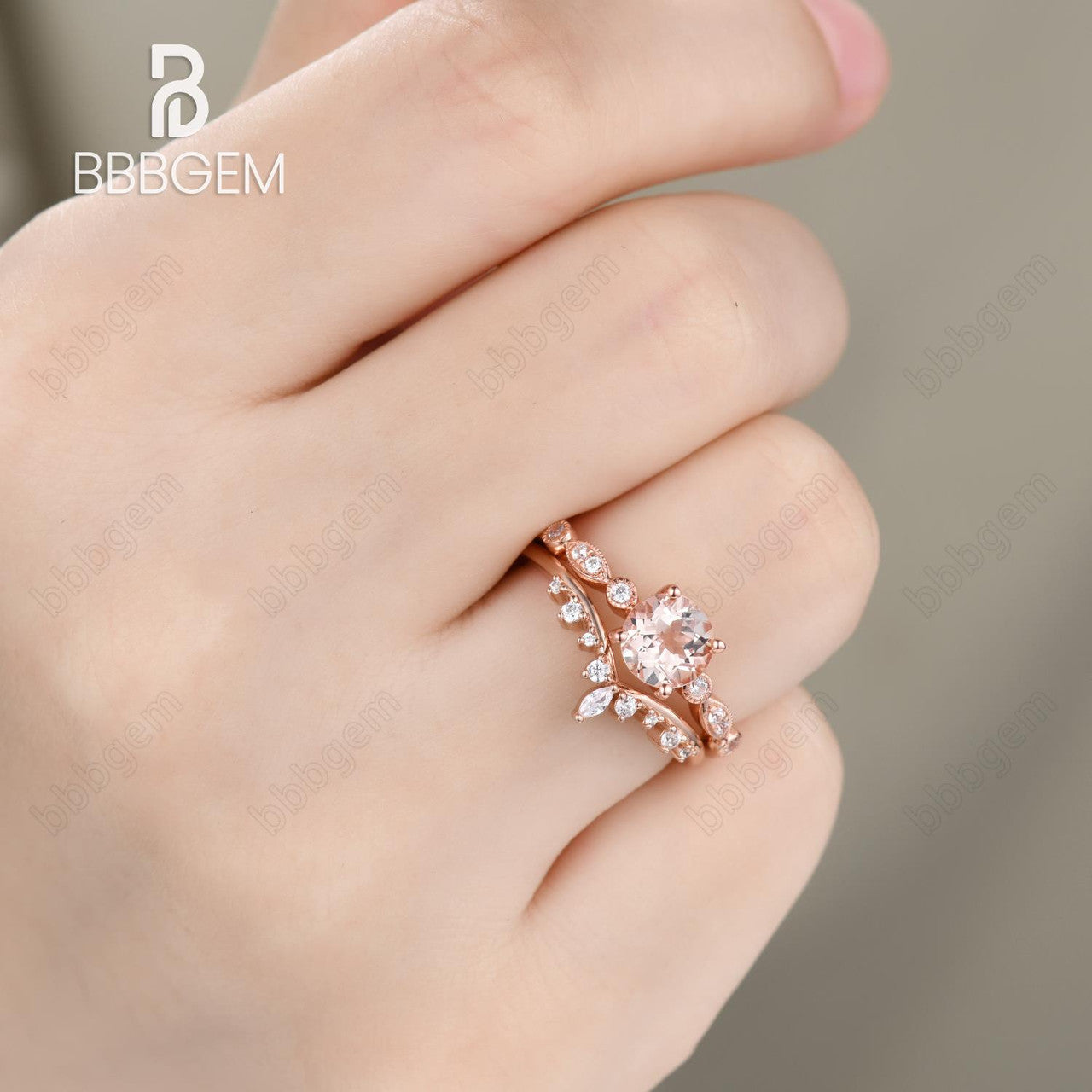 Natural Morganite Engagement Ring Set Art Deco Diamond Band 6.5mm Round Morganite Women Stacking Ring Unique Anniversary Bridal Ring