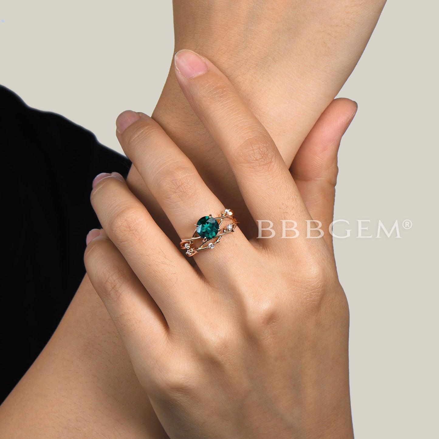 14k Gold Green Emerald Engagement Ring Set Vine Branch Diamond Ring