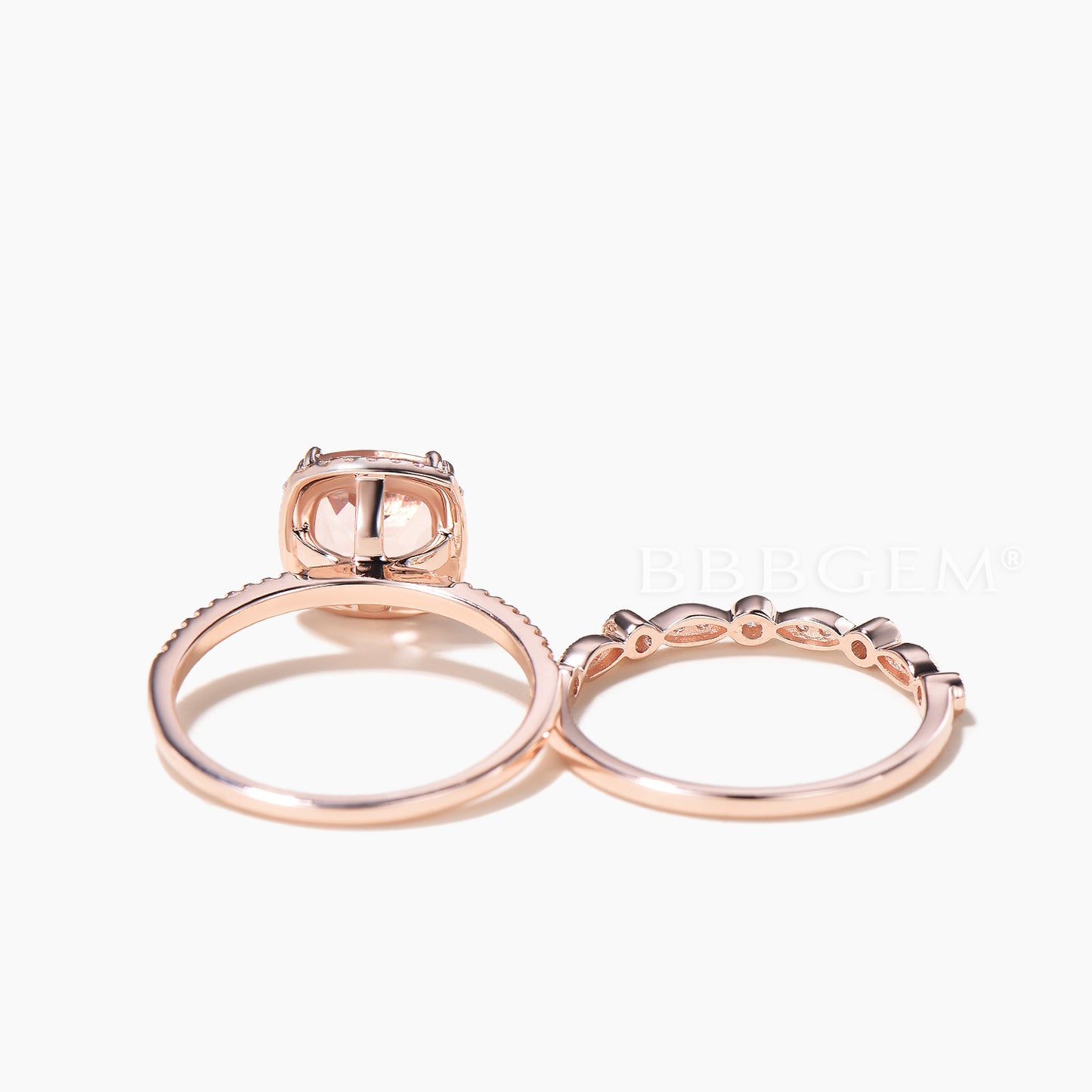 2.4 Carat Cushion Cut Peach Morganite Wedding Set Diamond Bridal Ring 14k Rose Gold Art Deco Half Eternity Band