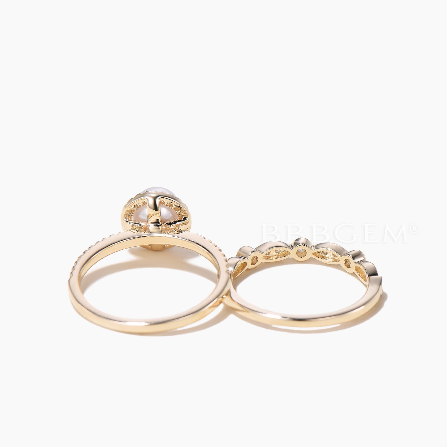 Akoya Pearl Engagement Ring Rose Gold Art Deco Wedding Band Women Antique Bridal Sets Wedding Anniversary Promise Halo Diamond Eternity 2pcs