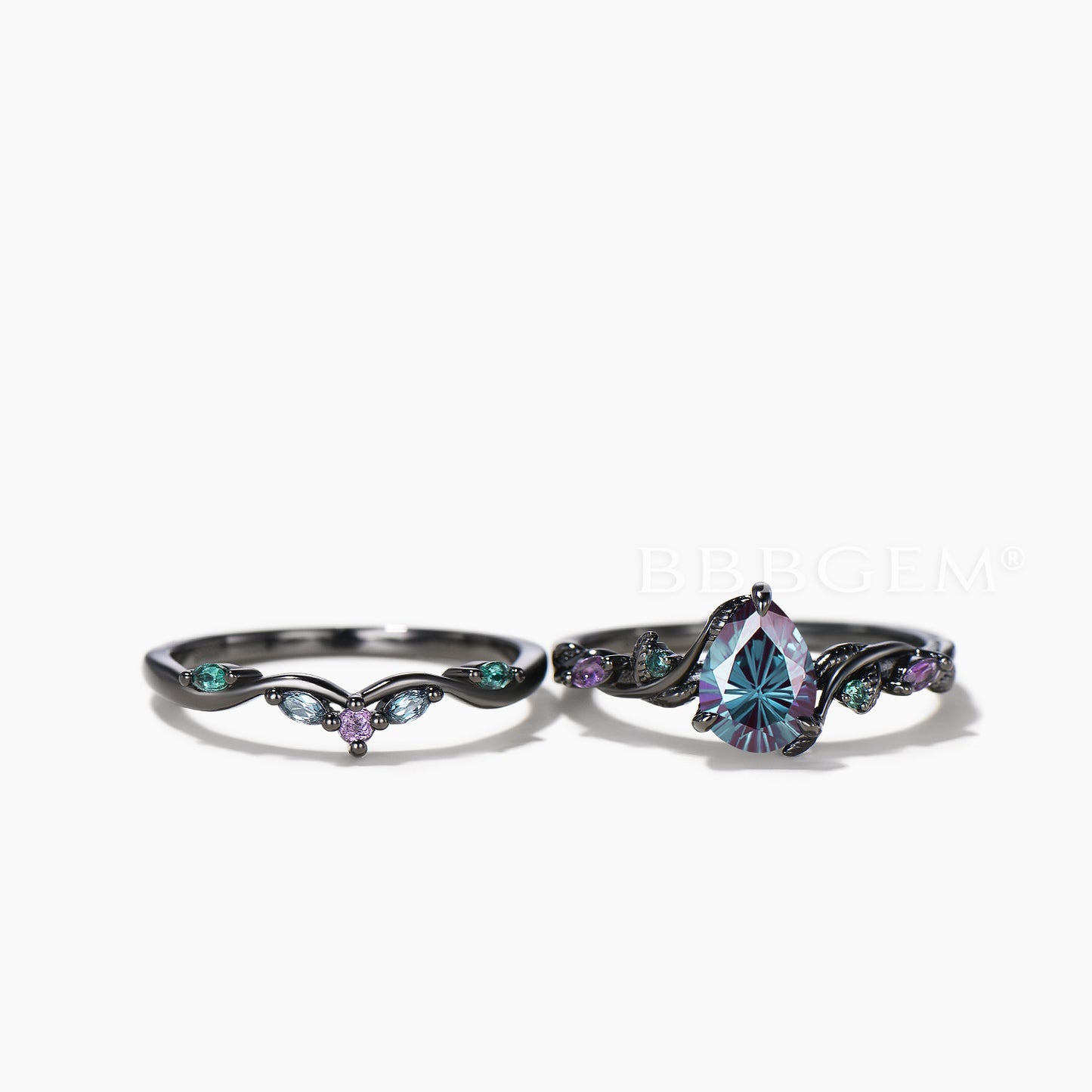 Black Gold Twig Inspired Ring Set Pear Cut Color-change Alexandrite Twisted Ring