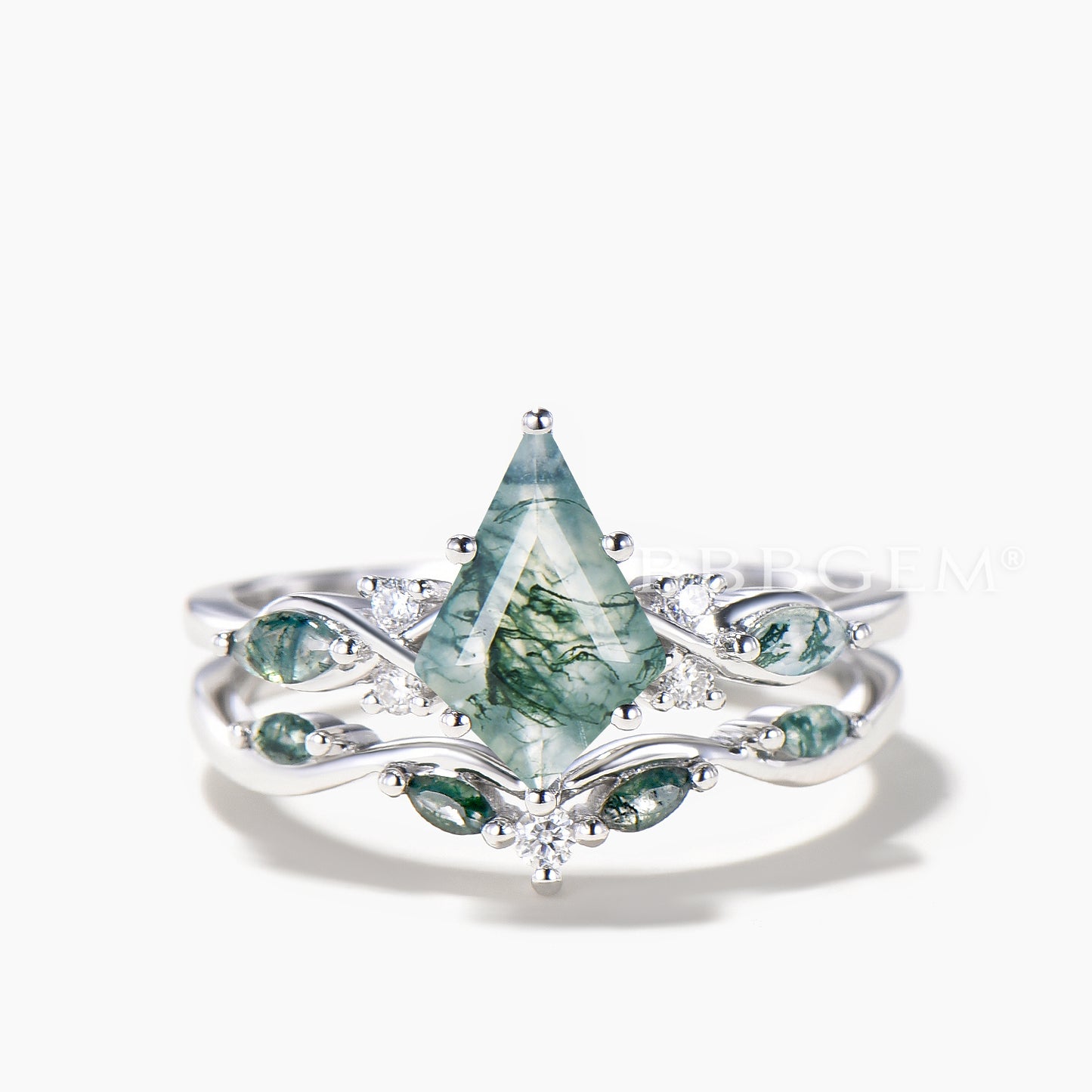 Kite Cut Natural Moss Agate Engagement Ring Agate Diamond Bridal Set