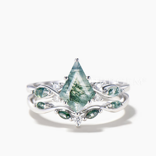 Kite Cut Natural Moss Agate Engagement Ring Agate Diamond Bridal Set