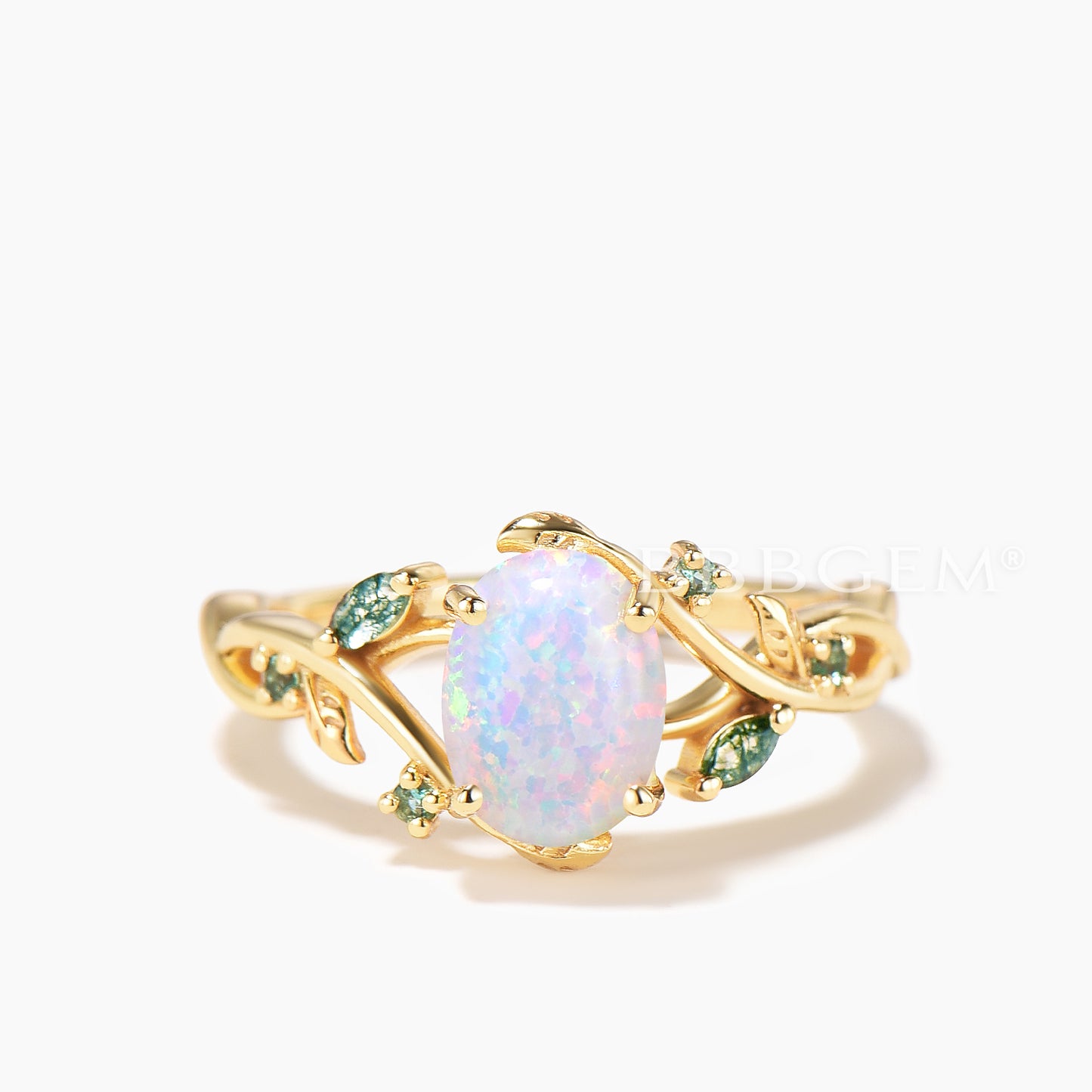 Oval Cut Opal Moss Agate Accent Wedding Ring Emerald Leaf Nature Inpired Ring Set