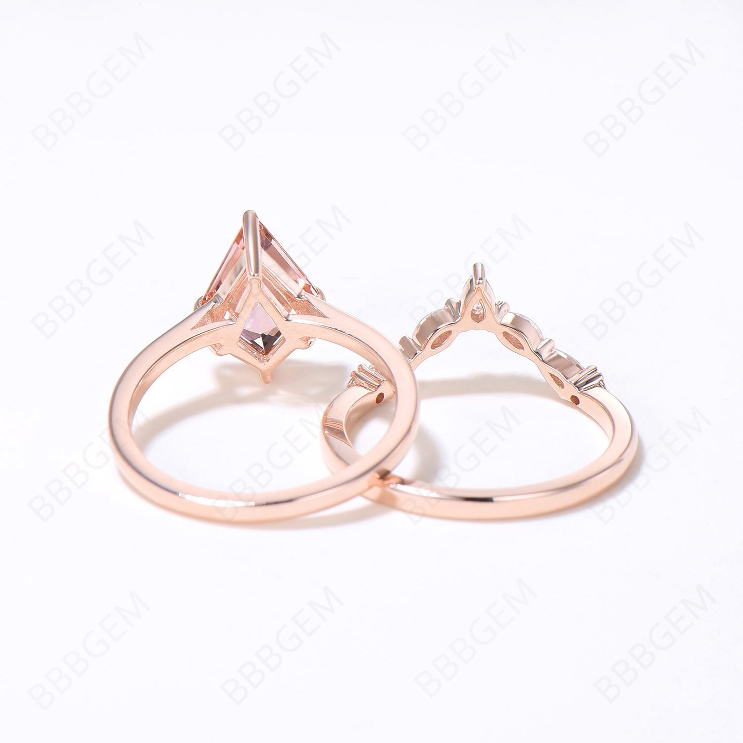 Rose Gold Peach Morganite Engagement Ring Set Unique Kite Cut Natural Peach Morganite Solitaire Bridal Ring Moissanite Curved Wedding Ring