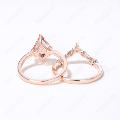 Rose Gold Peach Morganite Engagement Ring Set Unique Kite Cut Natural Peach Morganite Solitaire Bridal Ring Moissanite Curved Wedding Ring