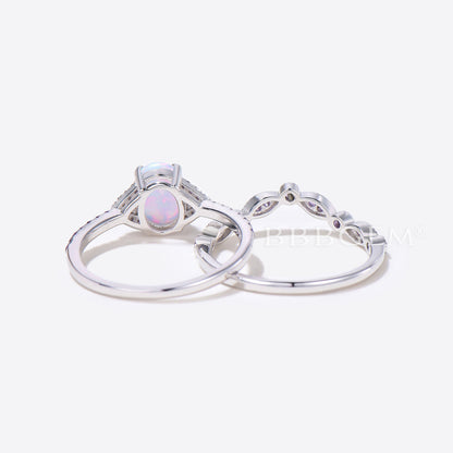 Amethyst Halo Accents Lab Opal Three Stone Engagement Ring Set in 14K