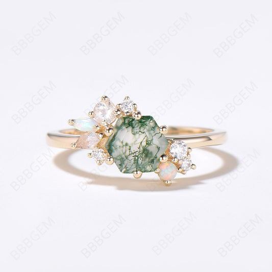 Cluster Moss Agate Ring Hexagon Cut Engagement Ring