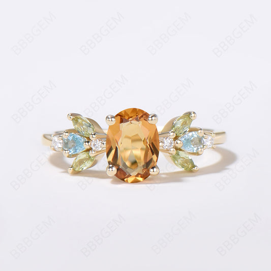 14K Gold Oval Citrine Engagement Ring Cluster Multi-Stone Ring