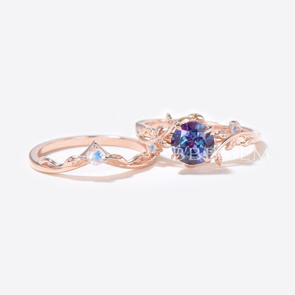 Rose Gold Leaf Round Alexandrite Engagement Ring Set Branch Vine Moonstone Bridal Set