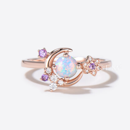 Moon Star Round Opal Engagement Ring Rose Gold Flower Moissanite Diamond Ring