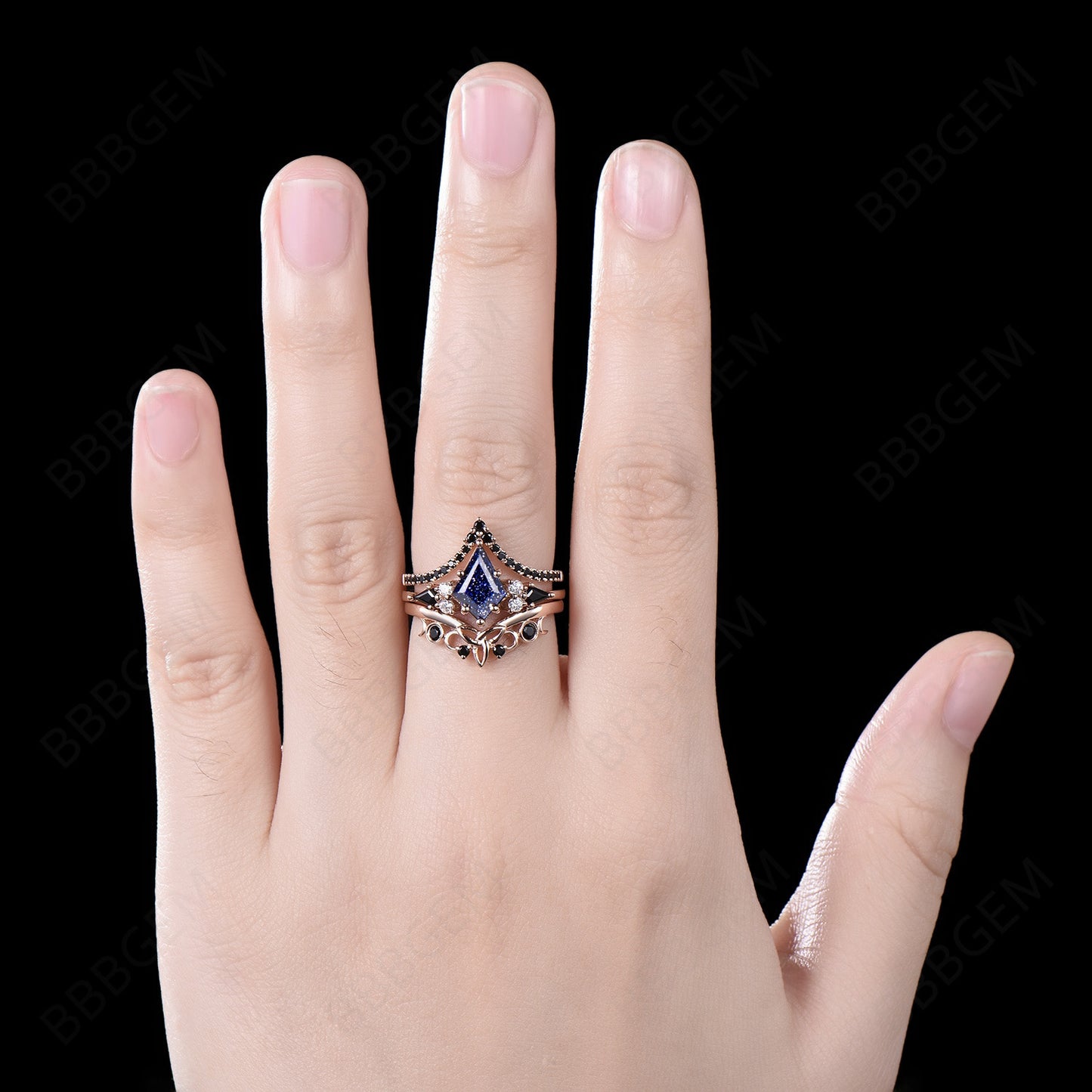 3pcs Kite Galaxy Blue Sandstone Engagement Ring 14k Rose Gold Ring Set Unique Celtic Knot Black Diamond Bridal Set Black Wedding Ring Set