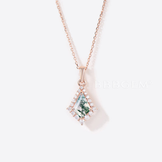 Kite Cut Natural Moss Agate Bridal Necklace Halo Diamond Charm Pendant