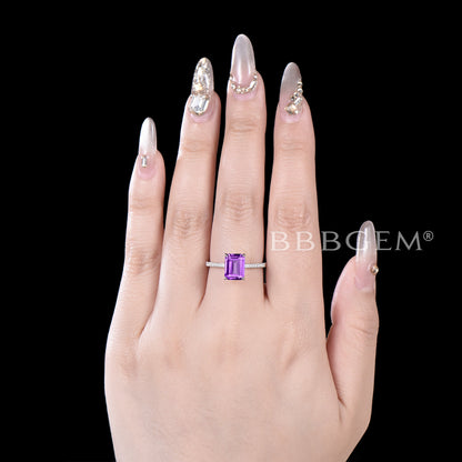 2CT Emerald Cut Natural Amethyst Ring Diamond Wedding Ring