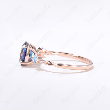 Crescent Moon Engagement Ring 1.5ct Oval Cut Alexandrite Promise Ring Rose Gold Moonstone Celestial Wedding Ring Unique Asymmetrical Rings