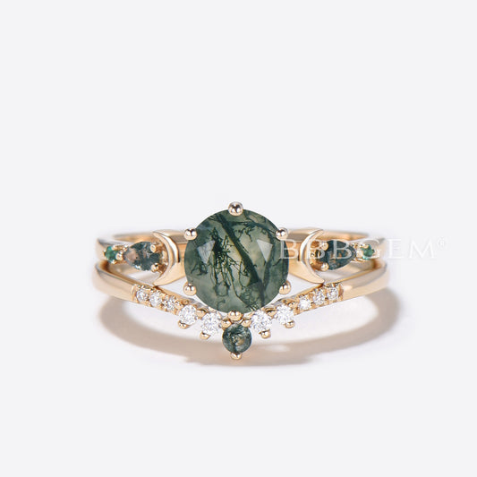 Moss Agate Moon Engagement Ring 14k Gold Aquatic Agate Ring