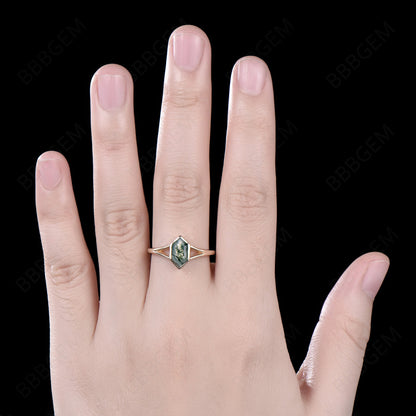 Unique Long Hexagon Cut Natural Moss Agate Ring 14k Solid Gold Green Agate Solitaire Ring Art Deco Split Shank Ring Bezel Set Promise Ring