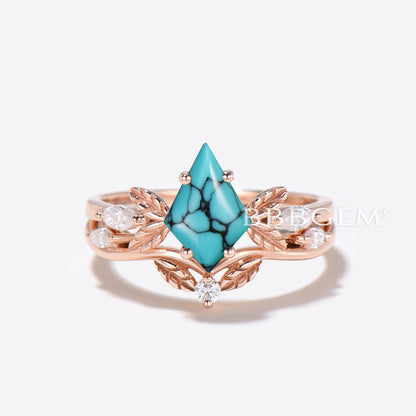 Leaf Design Natural Turquoise Engagement Ring Kite Cut Turquoise Ring