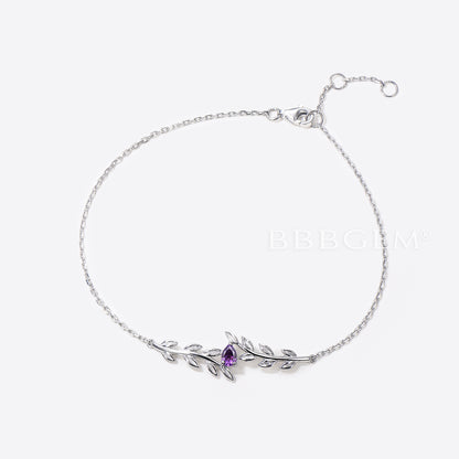 Nature inspired Pear Shaped Amethyst Bracelet White Gold Twig Leaf Bracelet