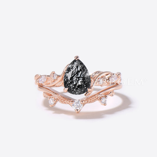 Teardrop Black Rutilated Quartz Engagement Ring Leaf Branch Ring