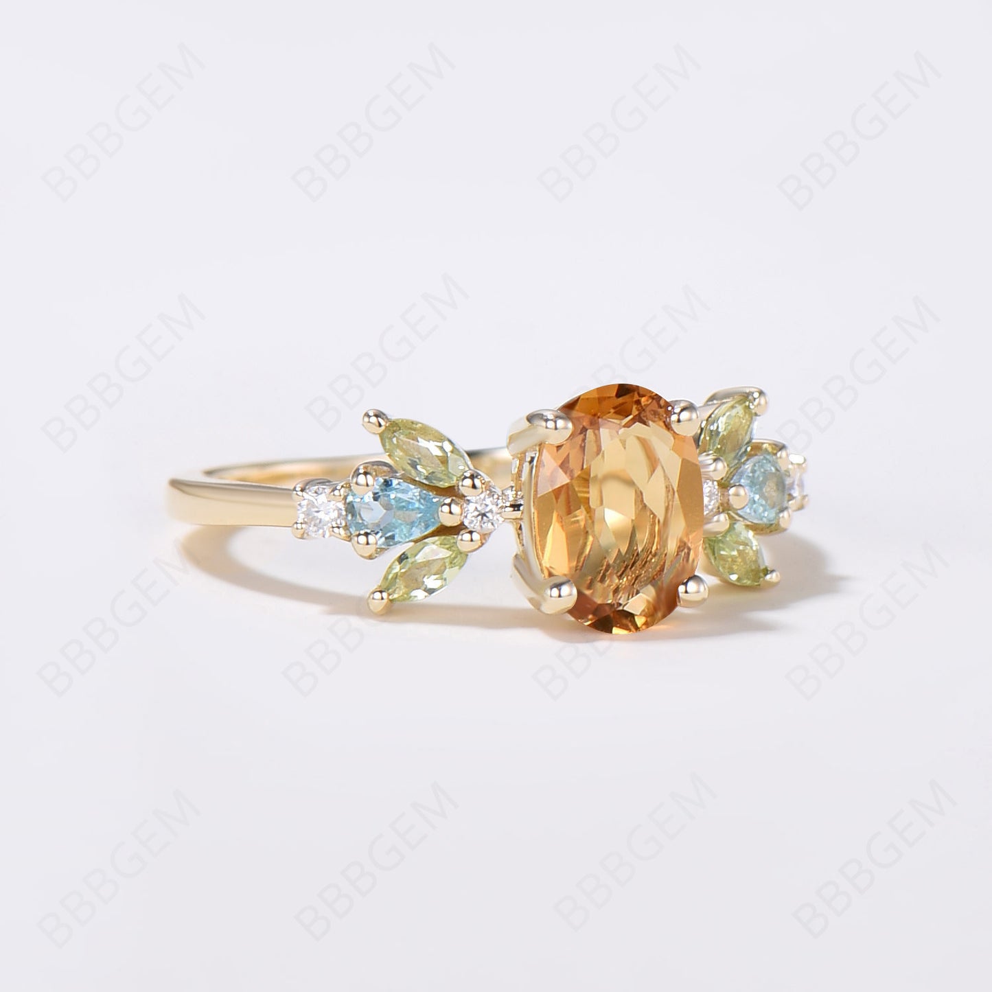 14K Gold Oval Citrine Engagement Ring Cluster Multi-Stone Ring