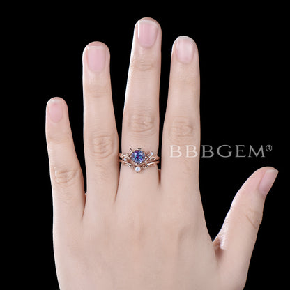 Rose Gold Leaf Round Alexandrite Engagement Ring Set Branch Vine Moonstone Bridal Set