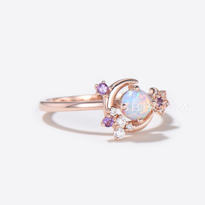 Moon Star Round Opal Engagement Ring Rose Gold Flower Moissanite Diamond Ring