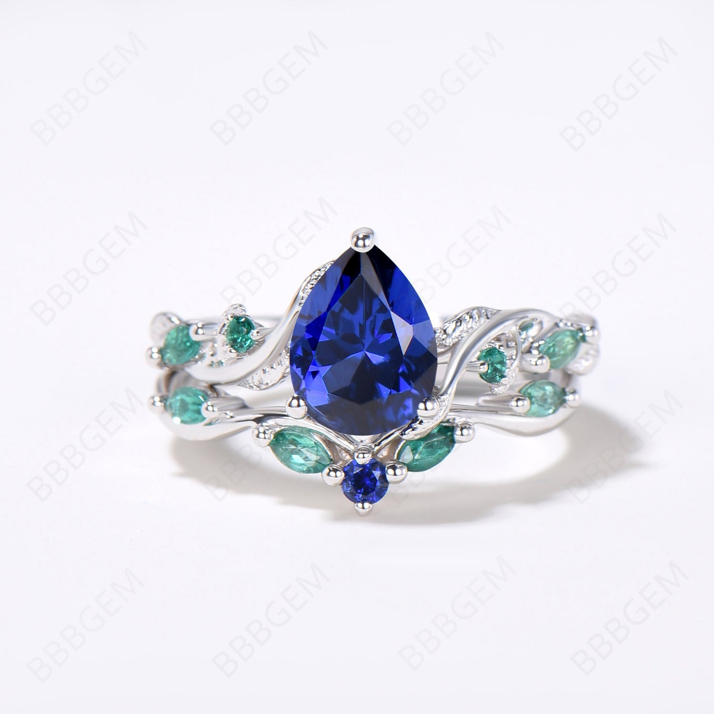 Nature Inspired Pear Blue Sapphire Ring Set Vintage Sapphire Emerald Bridal Ring Set Twig Leaf Vine Wedding Ring September Birthstone Jewelry