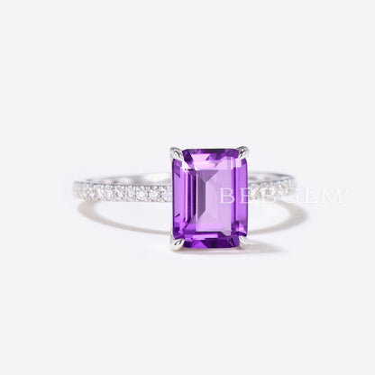 2CT Emerald Cut Natural Amethyst Ring Diamond Wedding Ring