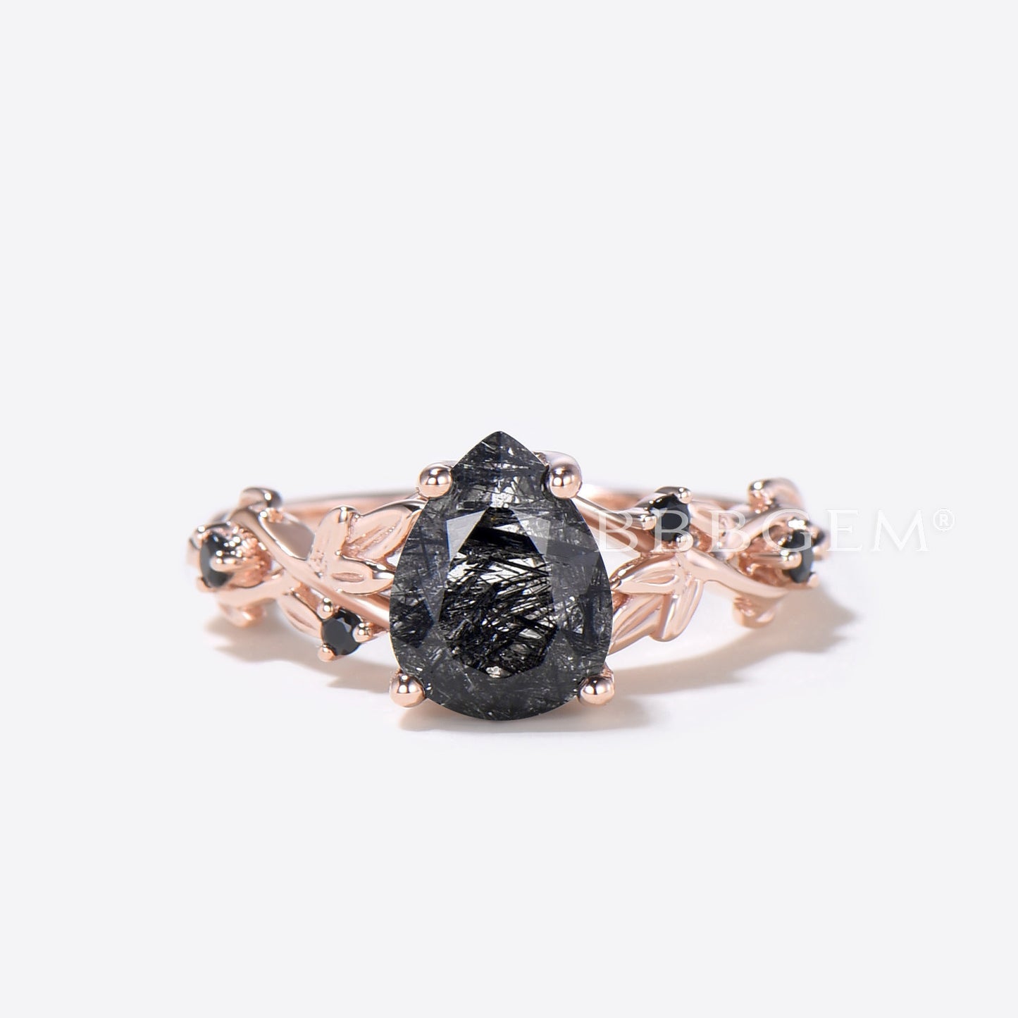 Branch Leaf Pear Shaped Black Rutilated Quartz Engagement Ring